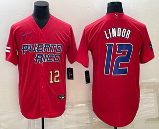 Men%27s Puerto Rico Baseball #12 Francisco Lindor Number 2023 Red World Baseball Classic Stitched Jersey